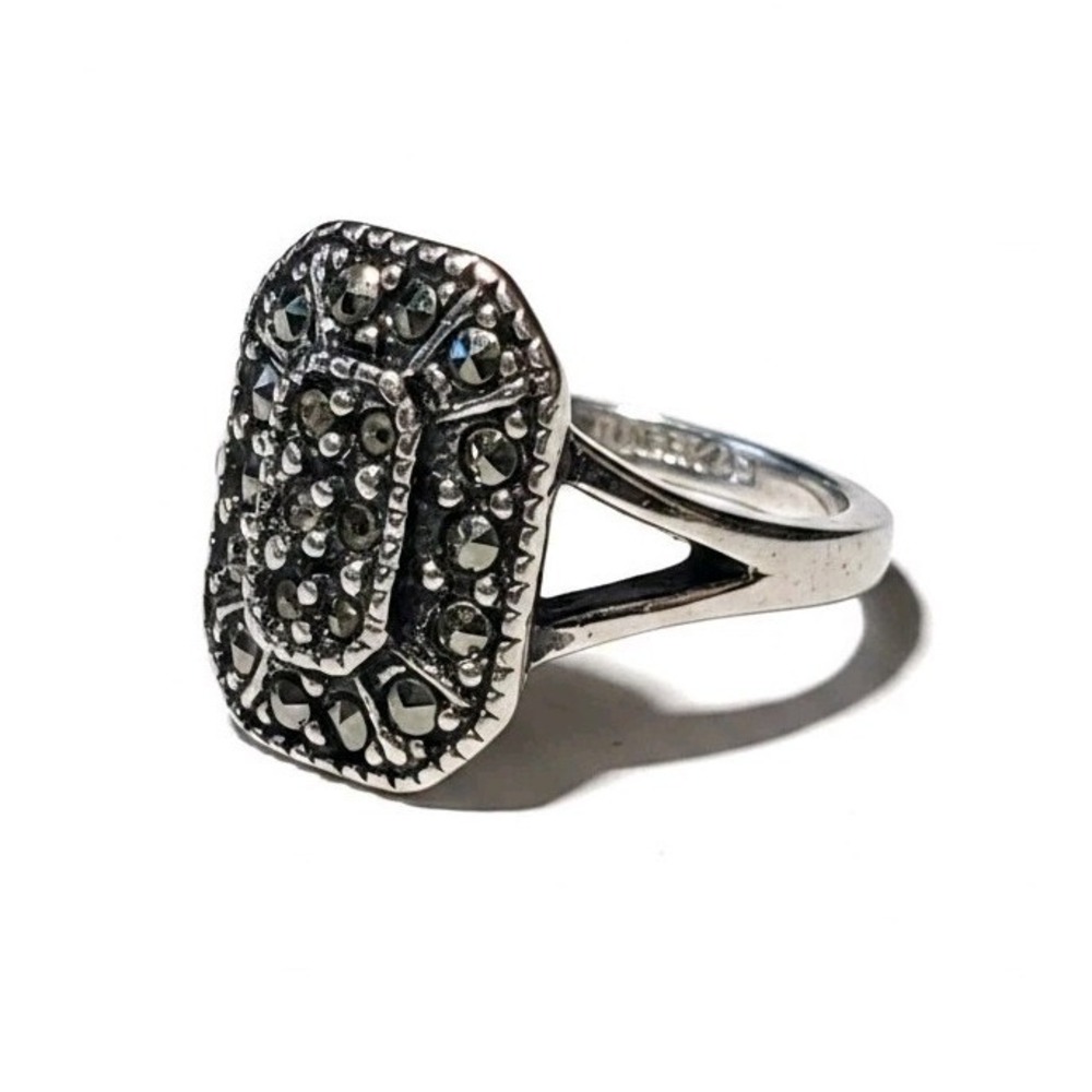 Vintage 18K HGE Genuine Marcasite‎ Cocktail Ring Art Deco Revival Size 5